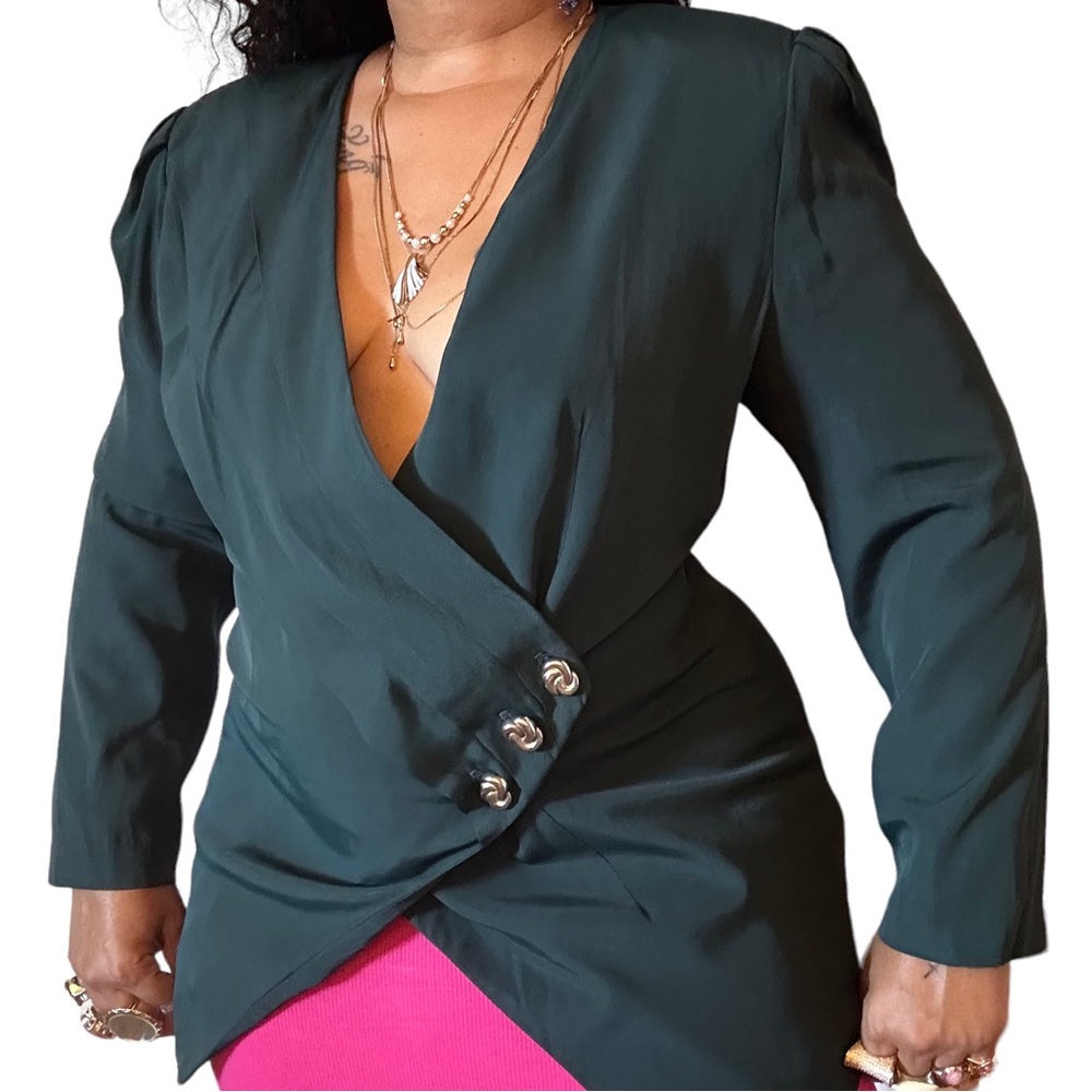 90s Vintage Emerald Green Geometric Tailored Silver Jeweled Button Front Blazer